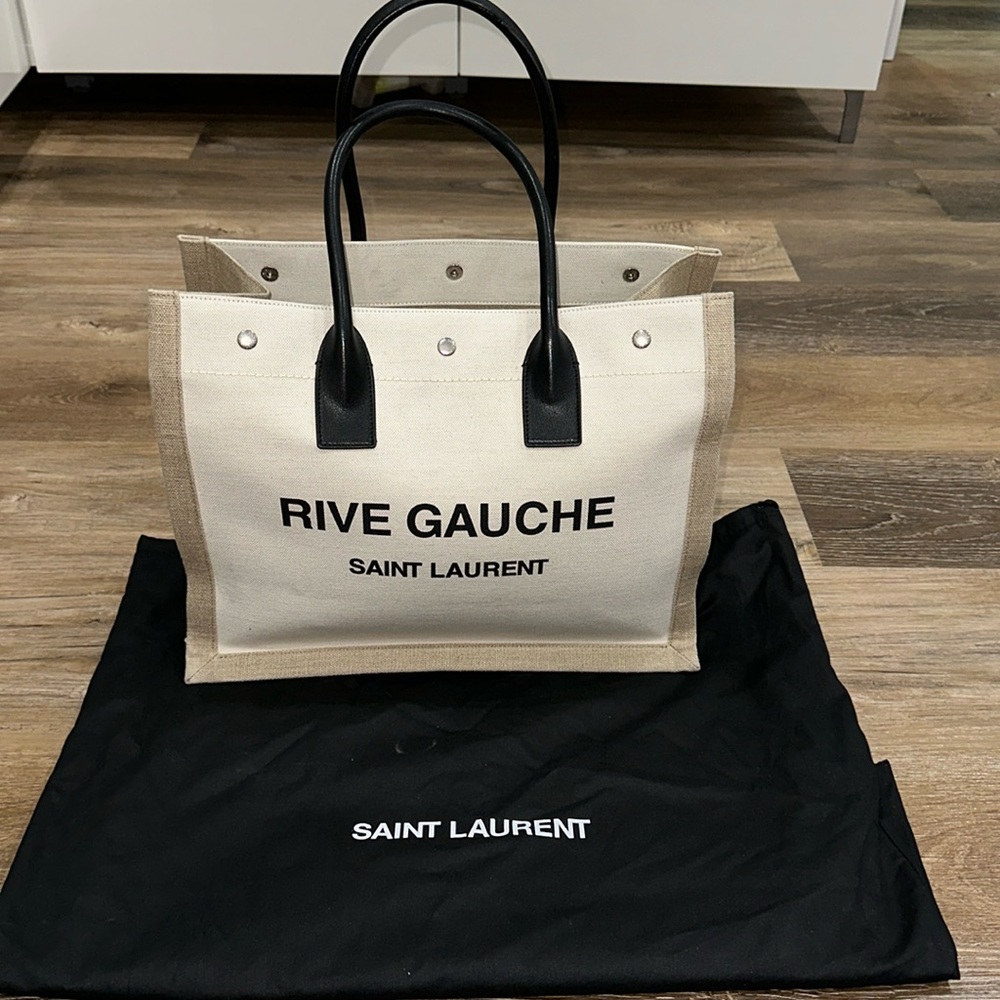 RIVE GAUCHE SMALL TOTE BAG IN LINEN AND LEATHER